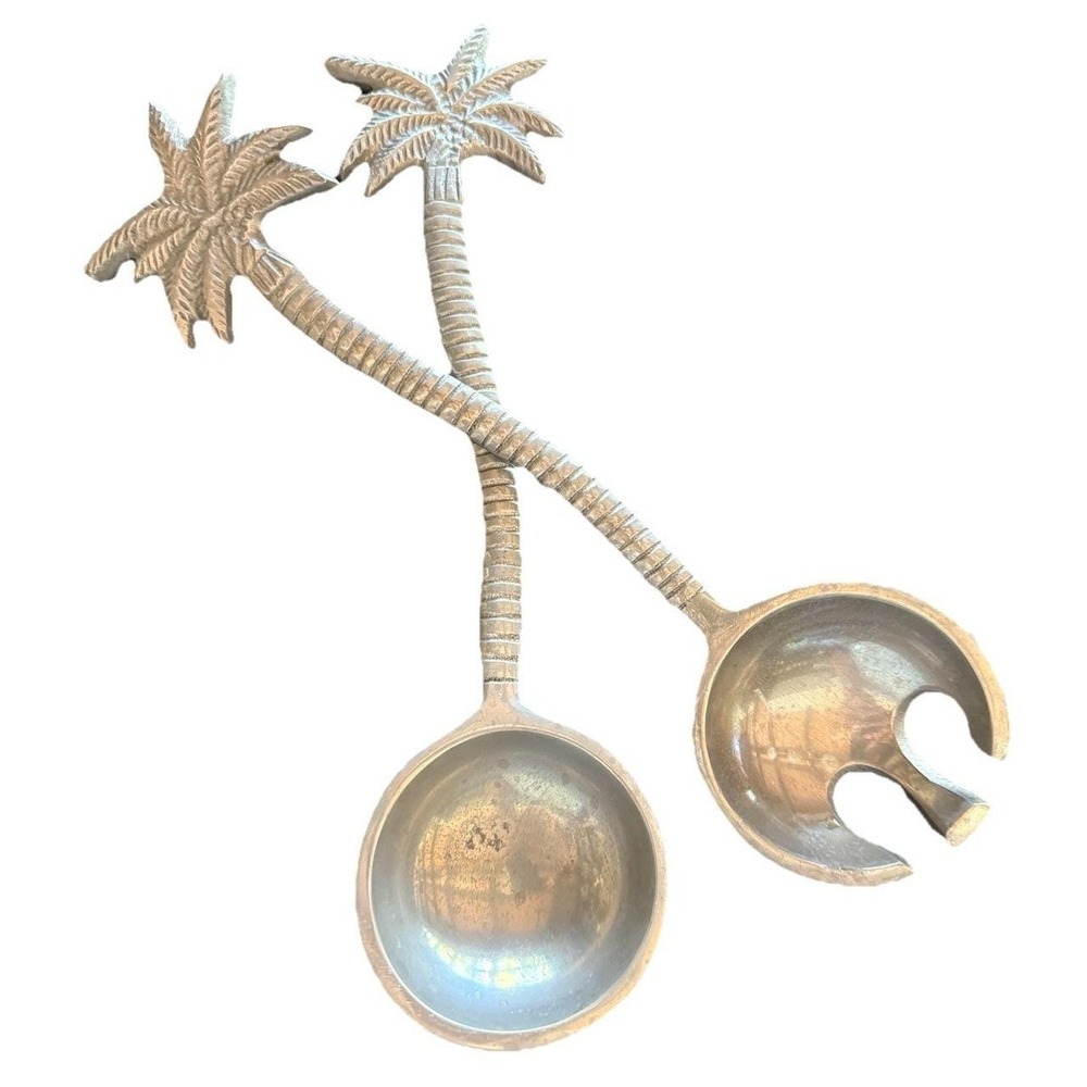 Tropical Palm Tree Metal Salad Serving Utensils Set Hollywood Regency Coastal